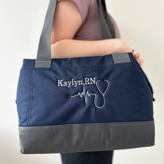 large navy cooler with name and stethoscope embroidery