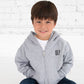 Toddler boy wearing a gray hooded full zip jacket with pockets and a monogram embroidered on left chest
