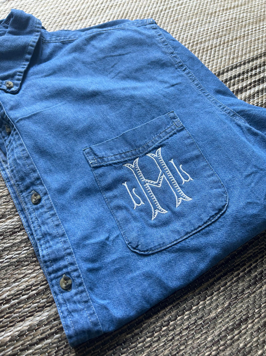 Faded Blue Monogrammed Denim Button Up Shirt | 2XL | LML | Blooper
