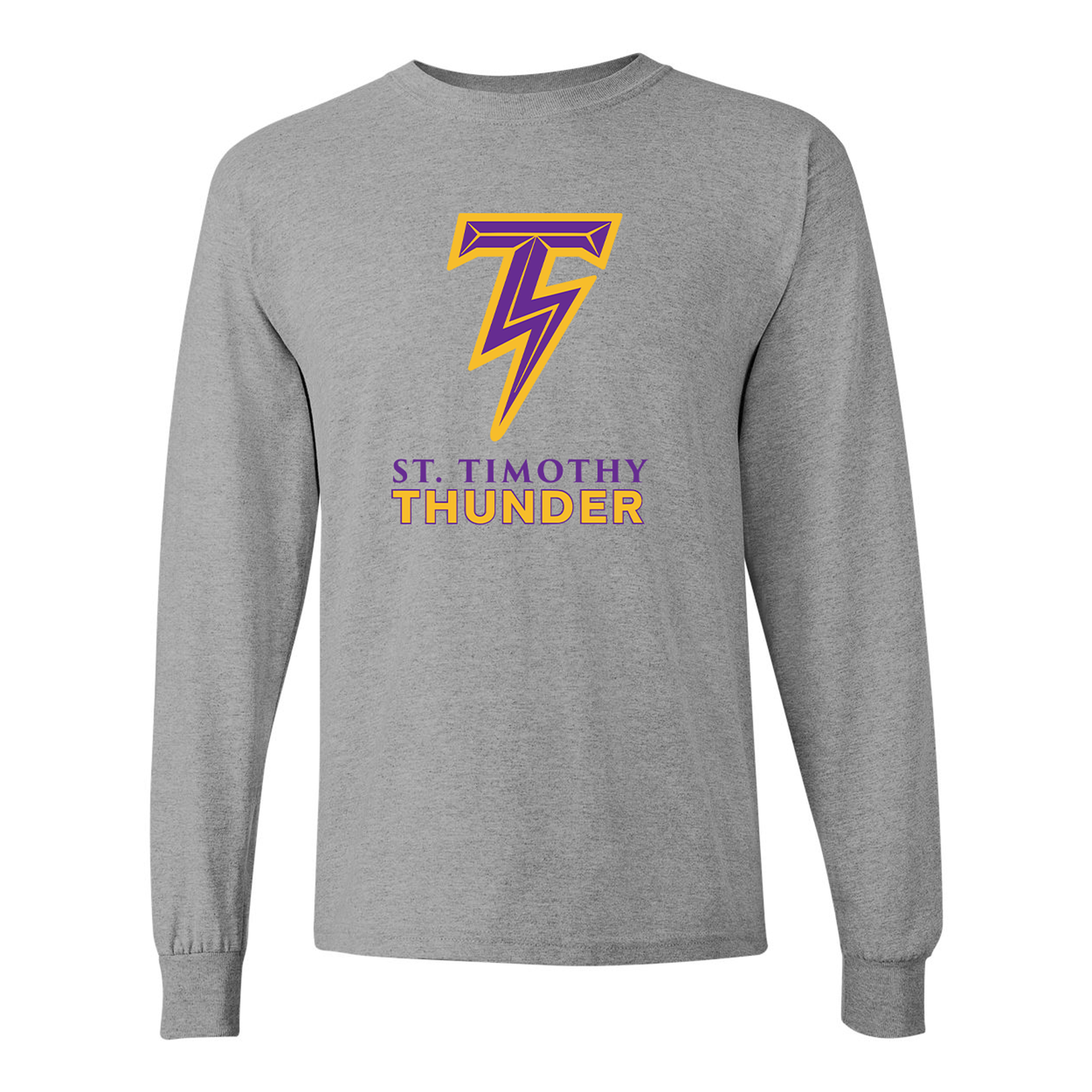 sport gray long sleeve shirt with  St. Timothy Thunder Logo printed across the chest 
