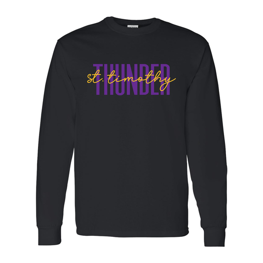 black long sleeve shirt with THUNDER and st. timothy printed across the chest 