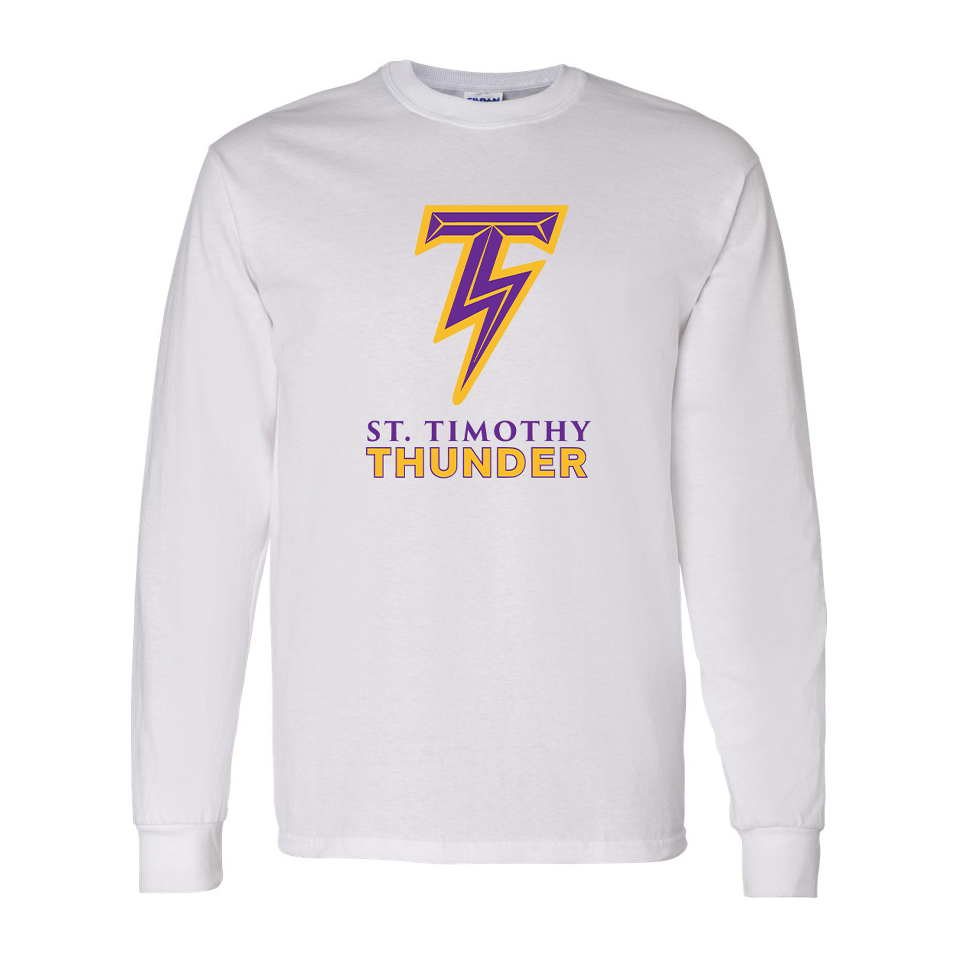 white long sleeve shirt with  St. Timothy Thunder Logo printed across the chest 