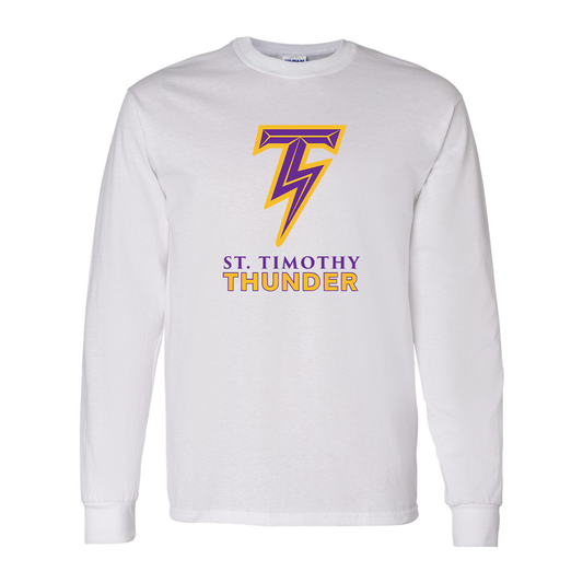 white long sleeve shirt with  St. Timothy Thunder Logo printed across the chest 