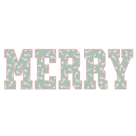 close up of printed design that will go on a sweatshirt. MERRY in a pastel pink and green candy cane pattern