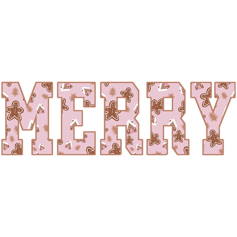 MERRY design with a bubblegum pink background and a gingerbread cookie, house, and tree pattern