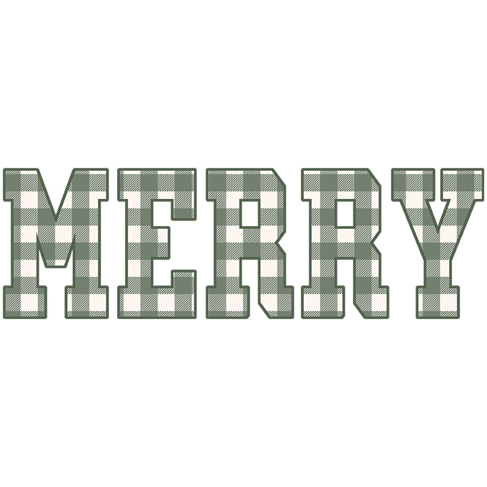 MERRY design outlined in a dark green and filled with a green and cream print