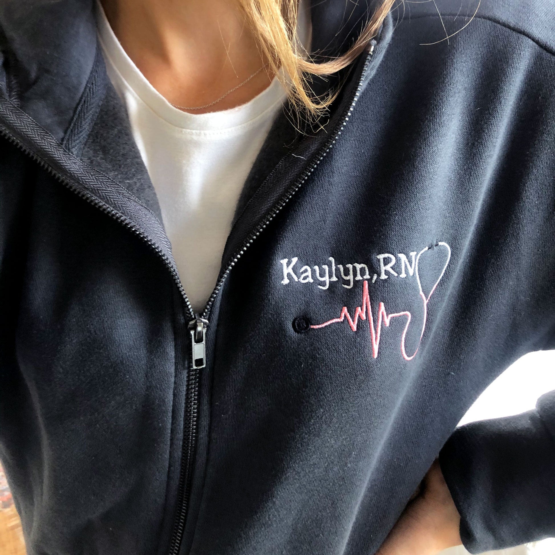 close up a personalized embroidery on a nurse jacket with a name, credentials, and a heartbeat stethoscope