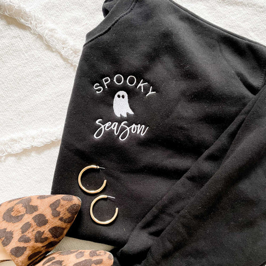 bella and canvas black crewneck sweatshirt with embroidered ghost and spooky season design