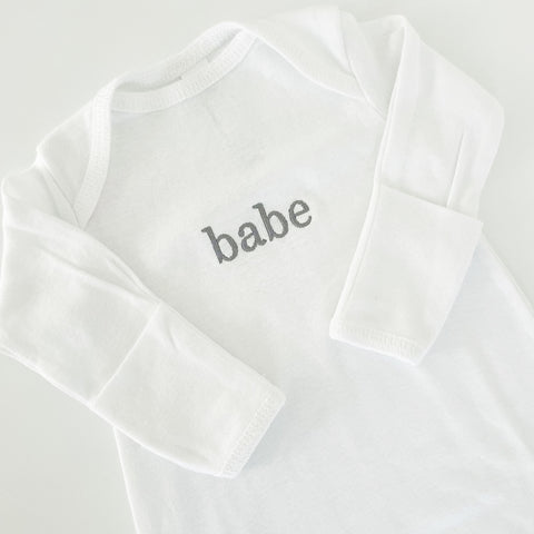 Personalized Infant Layette with Fold-Over Mittens Featuring a Minimal Custom Embroidery