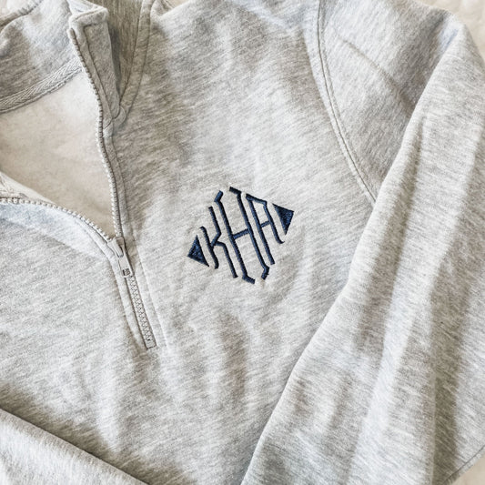 close up of personalized navy monogram embroidery on light gray heather quarter zip
