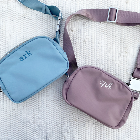 Personalized Embroidered Mini Belt Bag - Crossbody Fanny Pack with Adjustable Belt and Silver/Gold Metal Detail