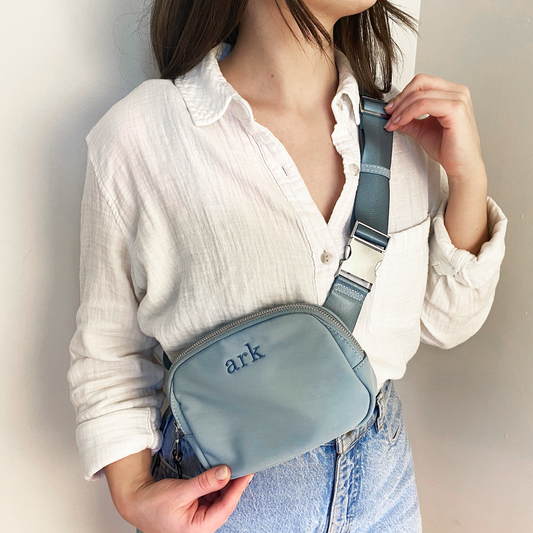 Personalized Embroidered Mini Belt Bag - Crossbody Fanny Pack with Adjustable Belt and Silver/Gold Metal Detail