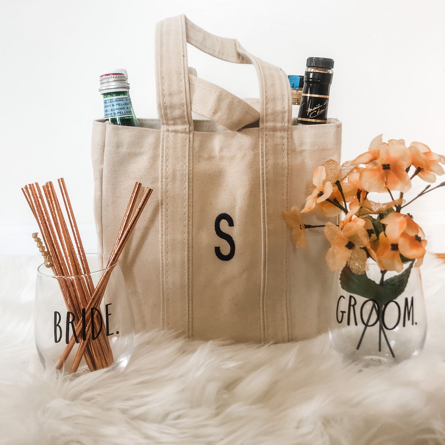 natural wine tote with embroidered initial