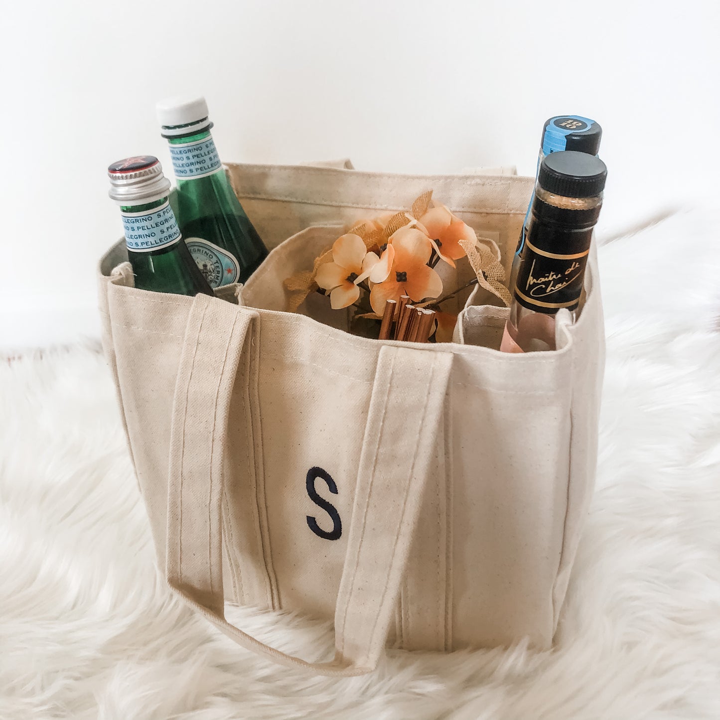 custom 4 bottle wine tote with single initial embroidery