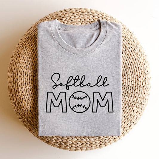 image of a heather gray t-shirt with a printed design reading 'softball' in a script font and 'mom' in an open block font with a baseball in place of the 'o'