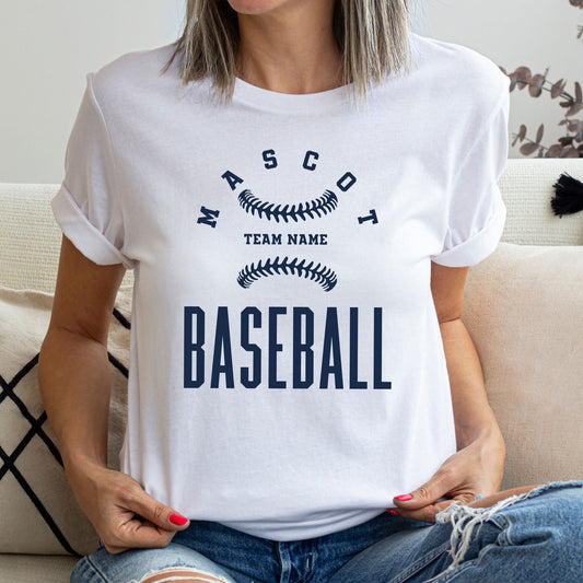 woman wearing a white t-shirt with a custom printed design featuring a baseball, mascot name, team name, and baseball in all caps in a varsity font
