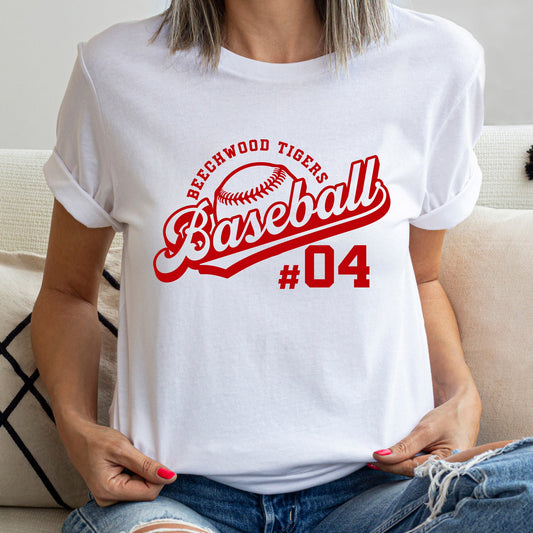 woman wearing a white t-shirt with a custom baseball team and player number printed on the front