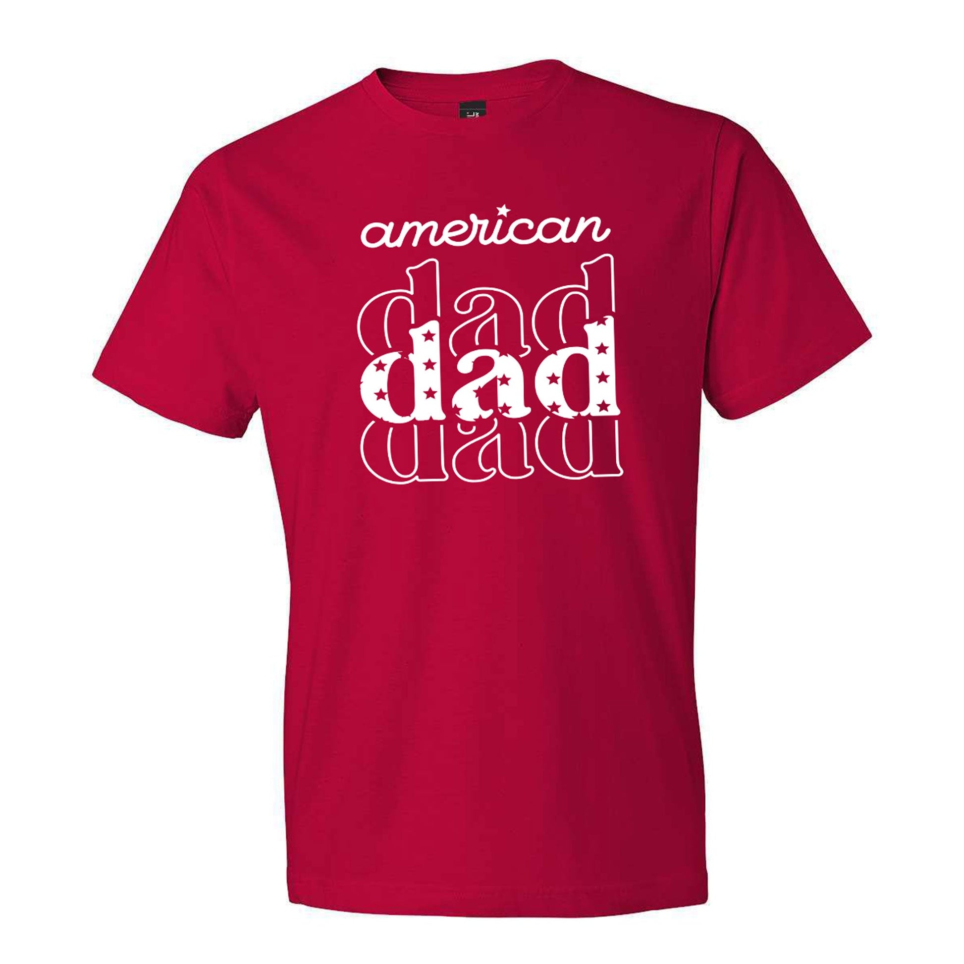 red t-shirt with a patriotic 'american dad' print in white 
