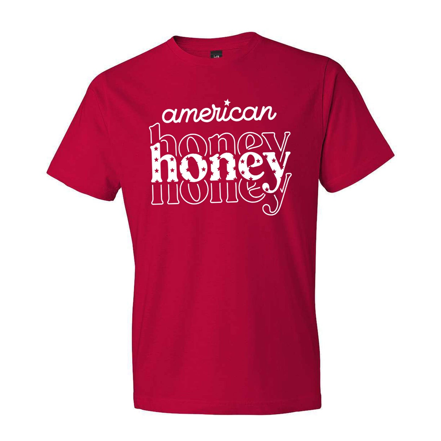 red t-shirt with an 'american honey' retro print in white