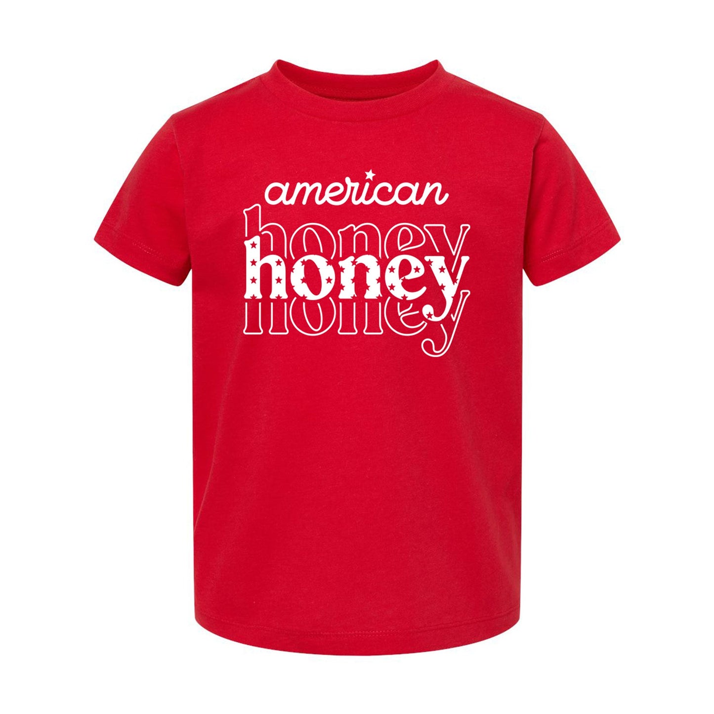 red child's t-shirt with a white 'american honey' dtg print 