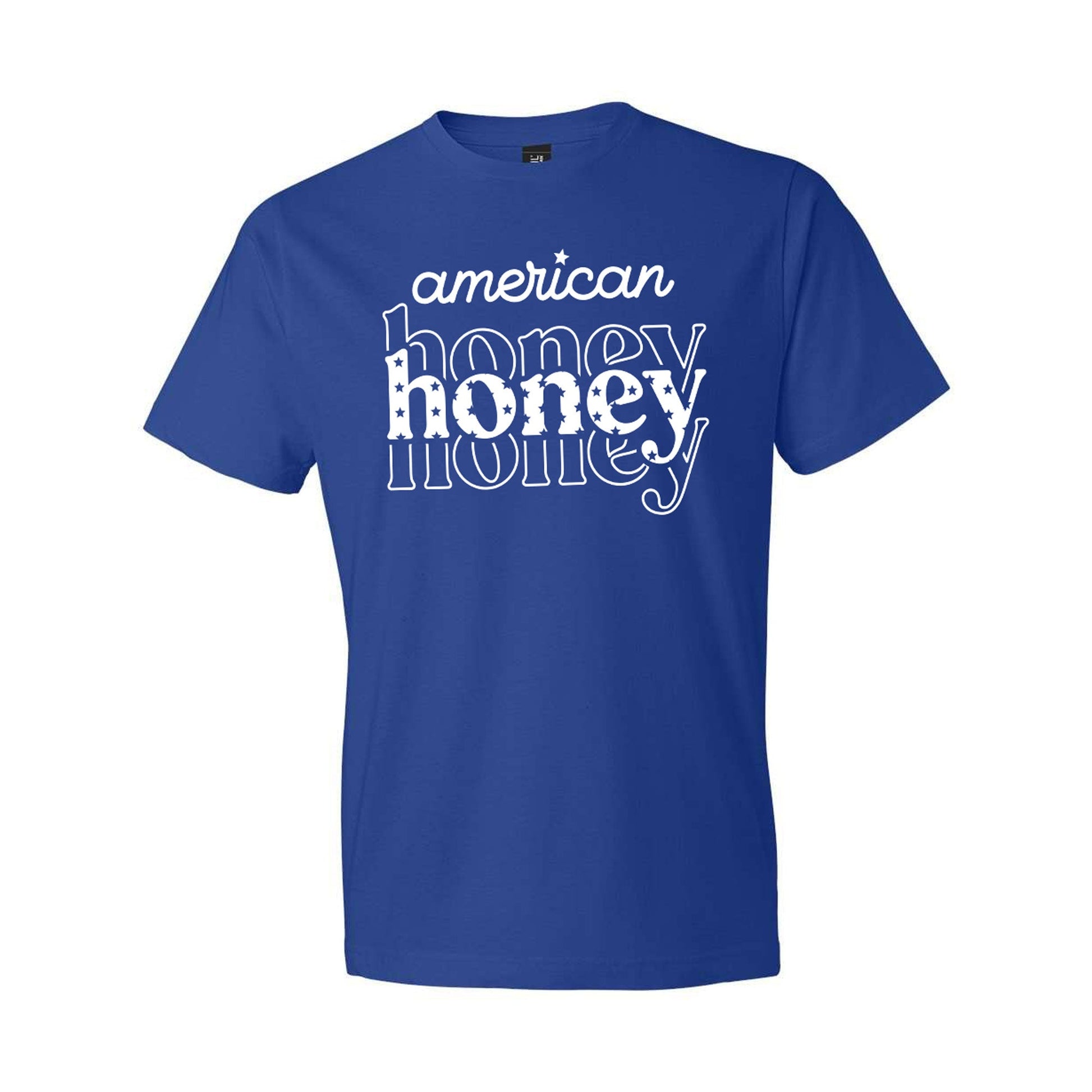royal blue t-shirt with 'american honey' printed in white across the chest