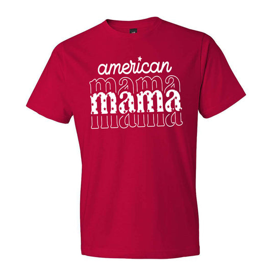 red t-shirt with a white retro american mama print