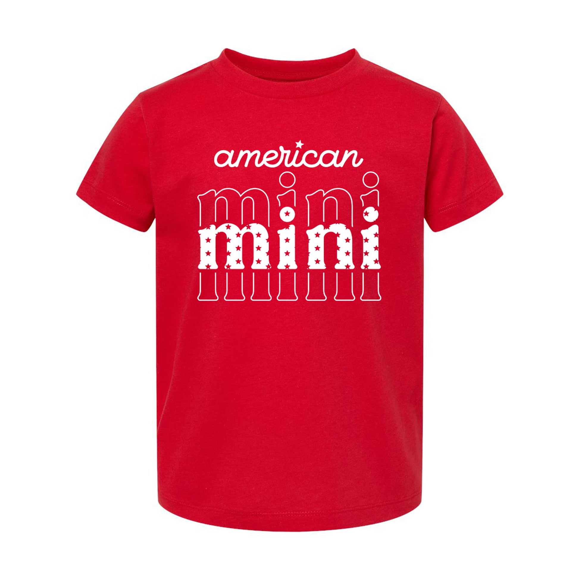 american mini white printed design on a red t-shirt