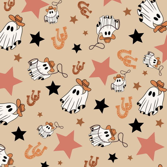 design featuring black stars, peach stars, cowboy ghosts, and horseshoes 