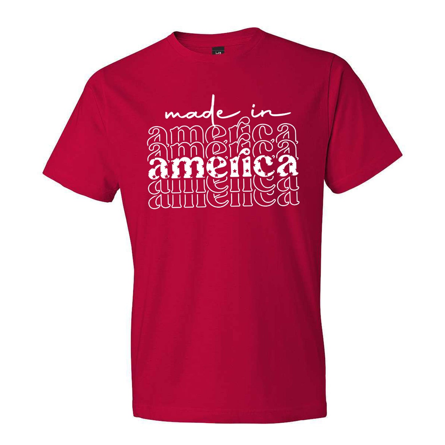 red t-shirt featuring a made in america retro white print