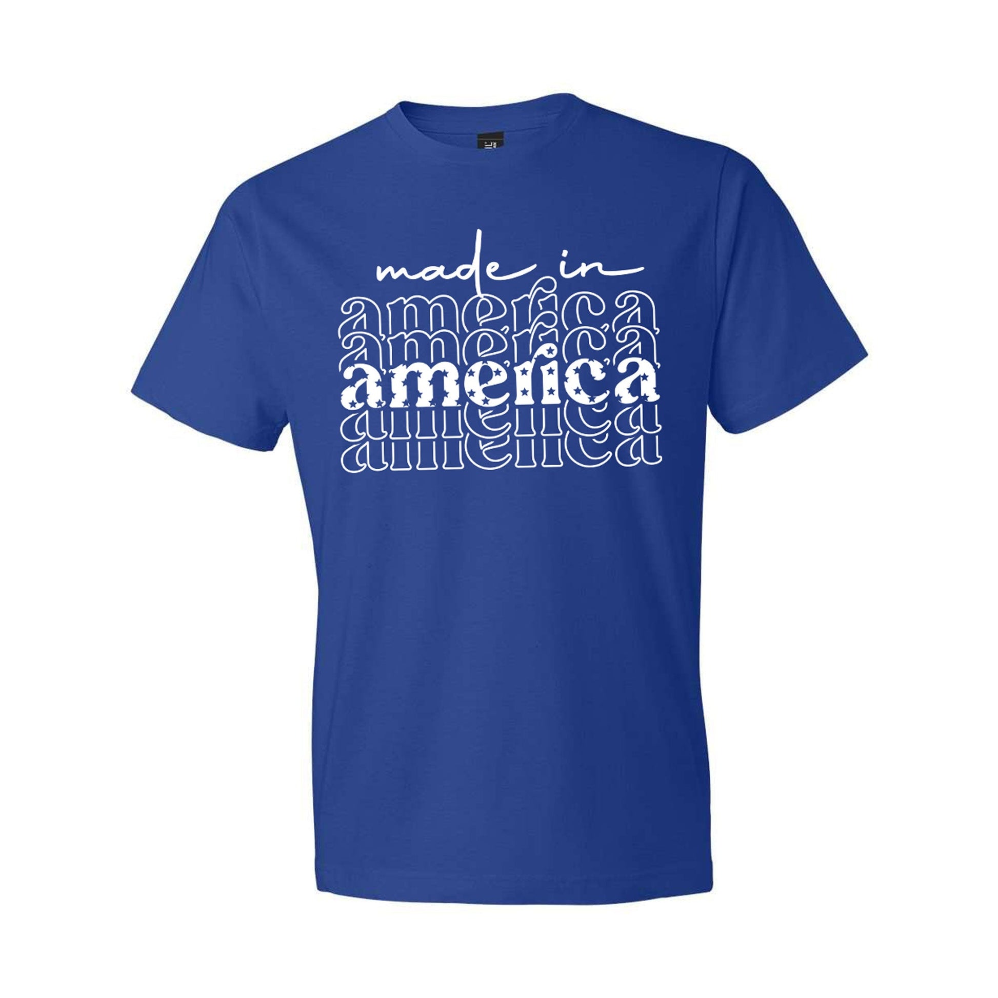 royal blue t-shirt featuring a made in america retro white print