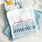 white t-shirt featuring a made in america retro red white and blue print